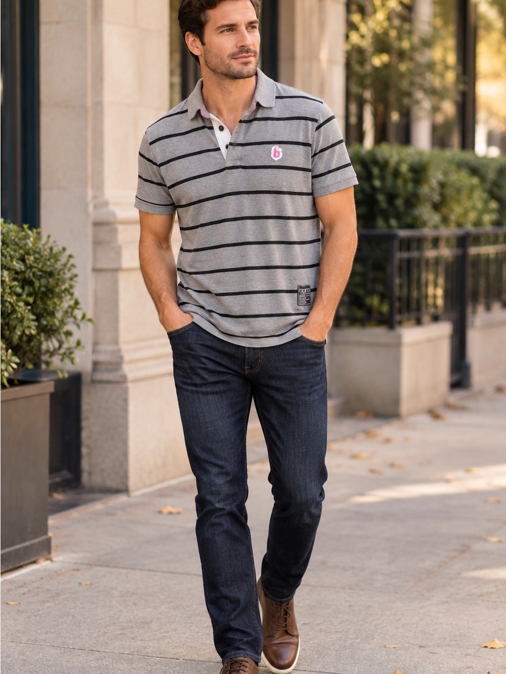 Ted Baker Born Men’s Polo Shirt Size 4 Gray Black Stripe Pink Trim